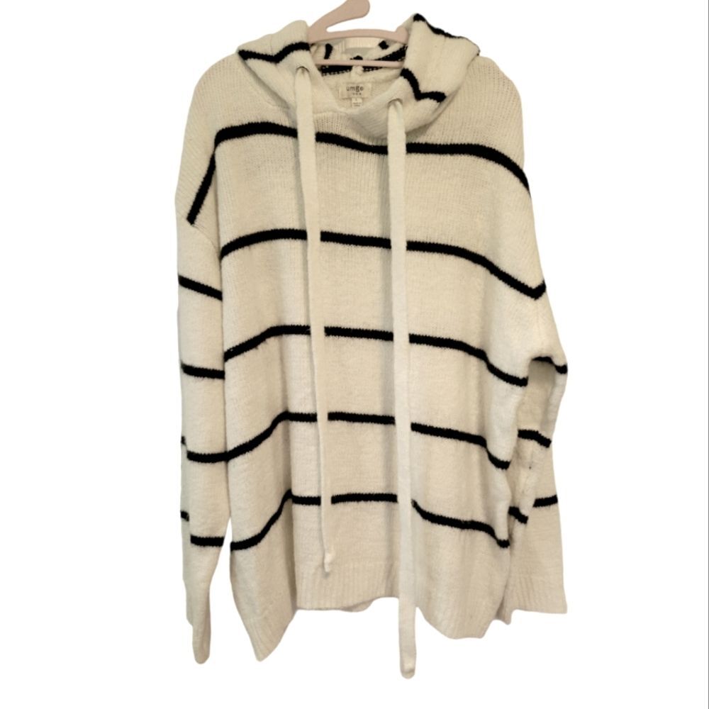 Umgee Cream & Black Striped Hooded Sweater Oversized Size Large Boho